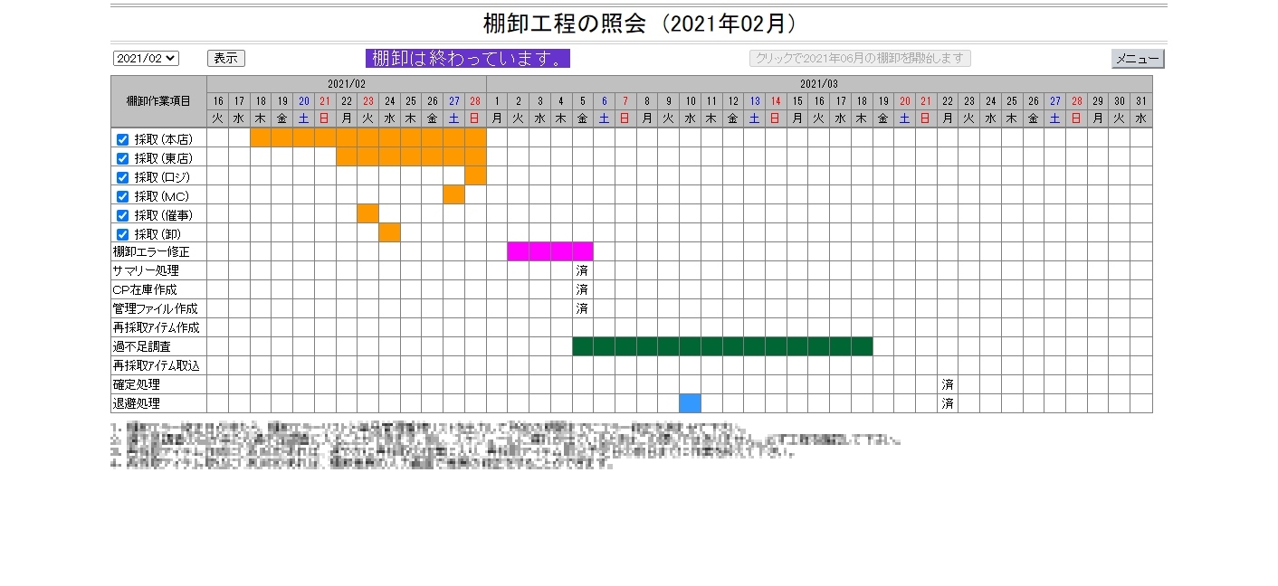 棚卸工程の照会メニュー画面